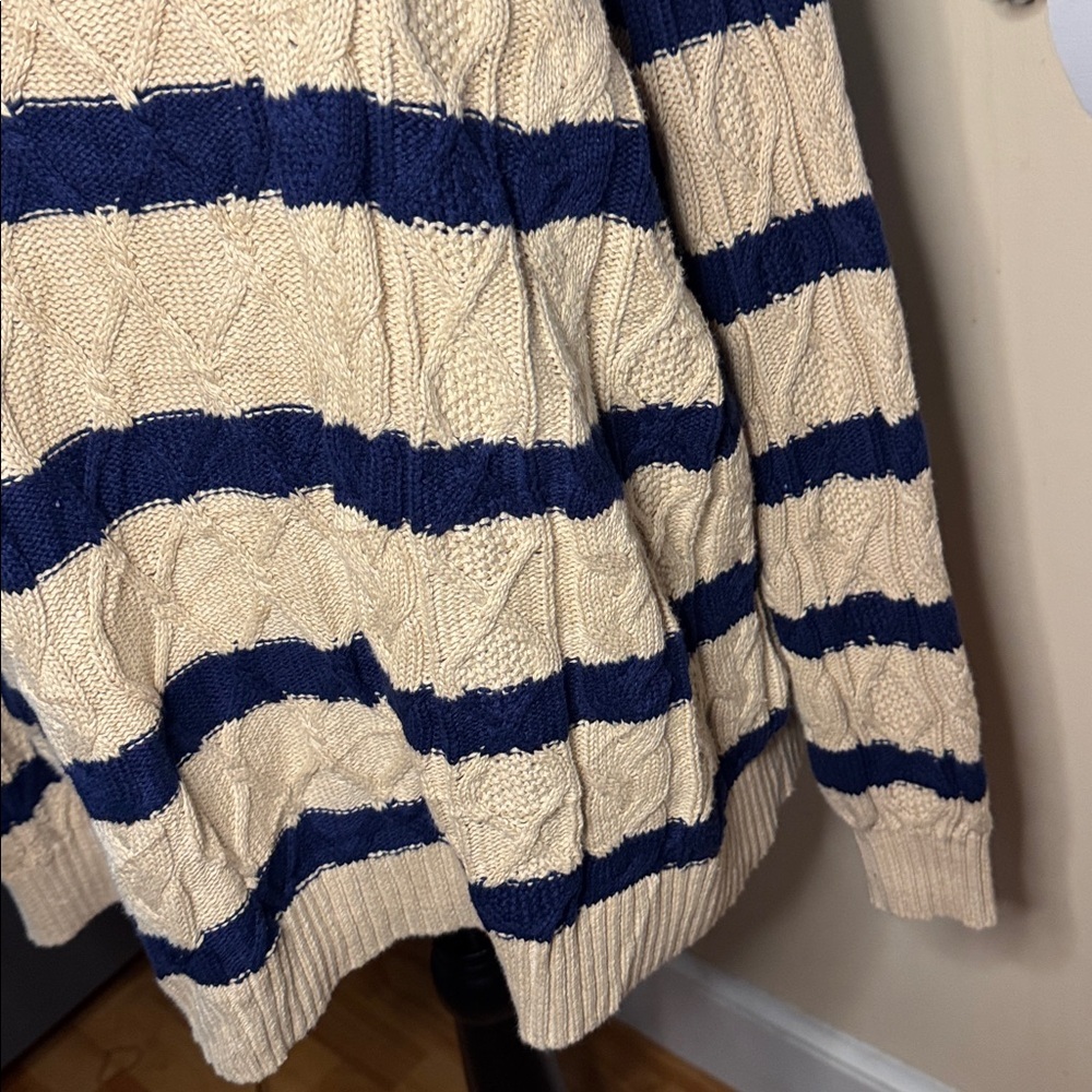 Lands end drifter cable knit tan/blue striped pull over sweater 1X - Picture 3 of 5
